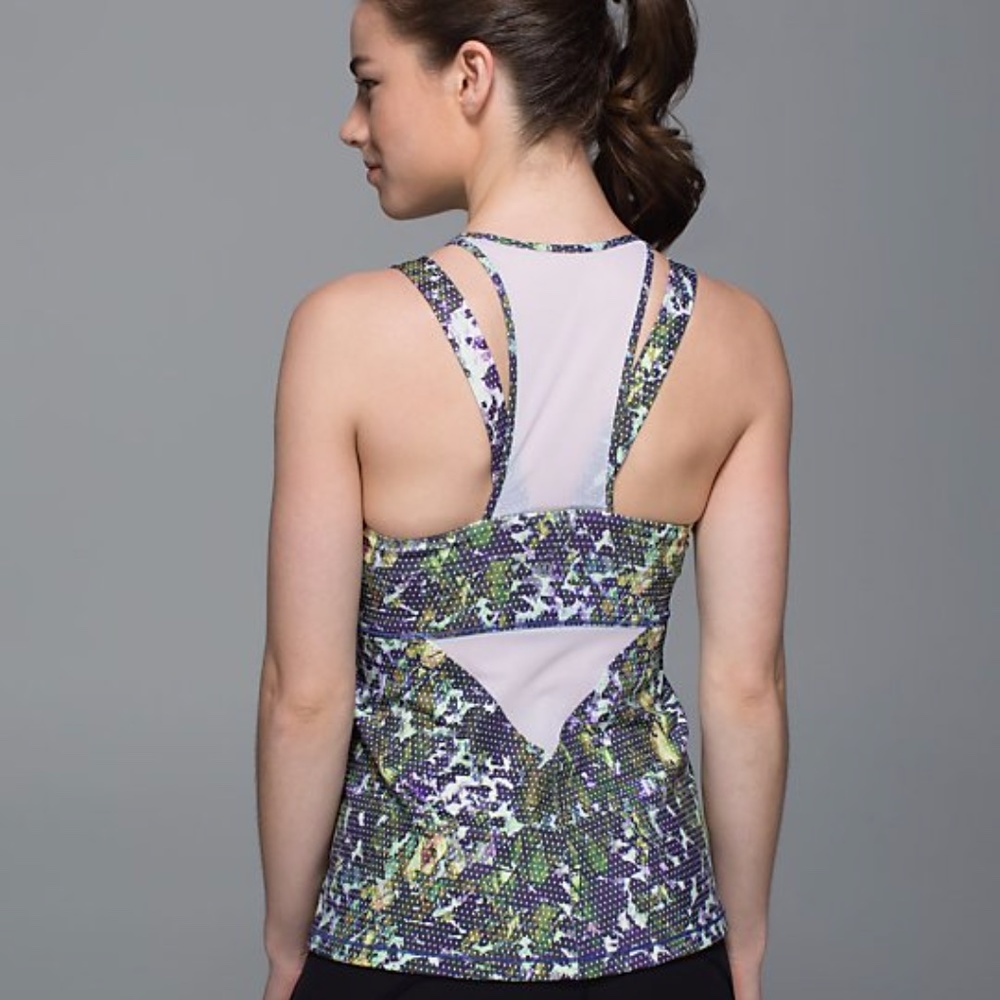 Lululemon Floral "Running in the City" White Mesh Tank Top